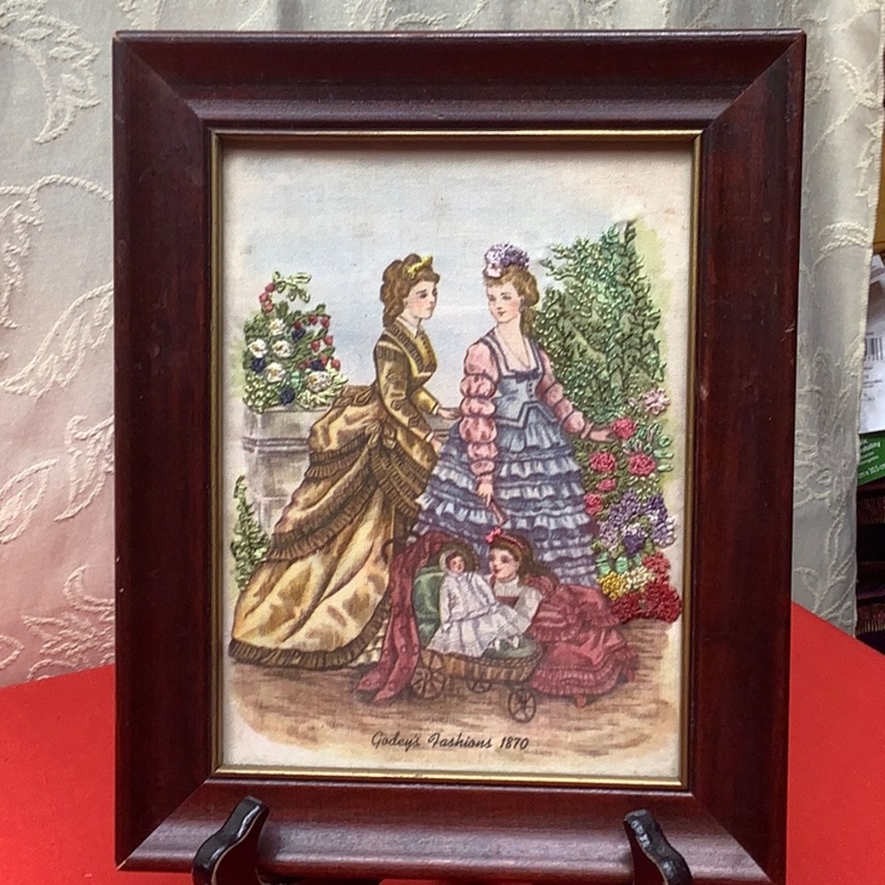 Vintage 8 x 10”. Rare find. Godey’s Fashion 1870 fabric print with embroidery.
